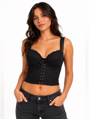 90s Italian Vintage Reality Lace Corset Bustier Top (Black) Size S/M